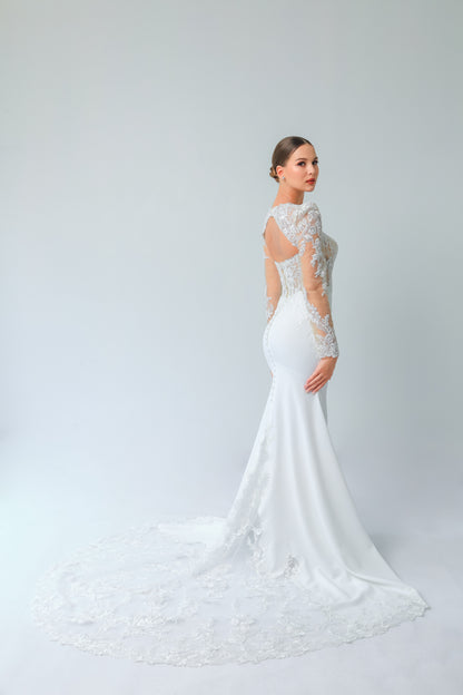 Square Neck Lace Fit-and-Flare Wedding Gown with Detachable Sleeves | Briderful - side detail