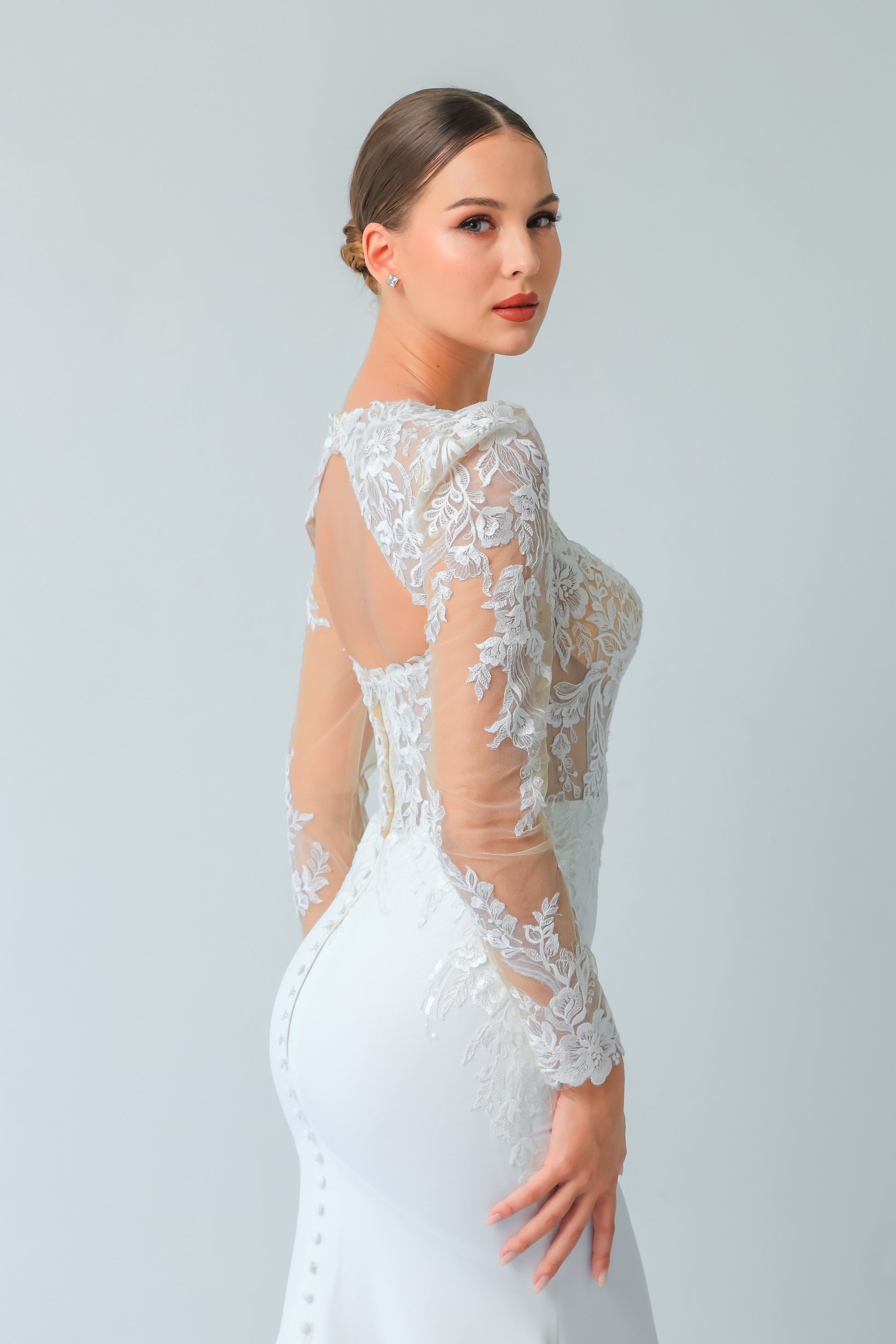 Square Neck Lace Fit-and-Flare Wedding Gown with Detachable Sleeves | Briderful - side