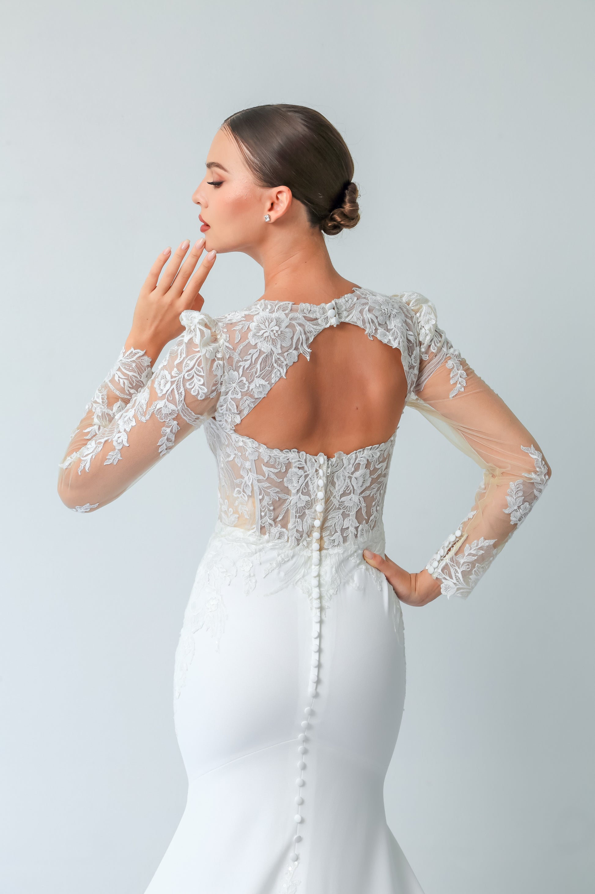 Square Neck Lace Fit-and-Flare Wedding Gown with Detachable Sleeves | Briderful - back detail