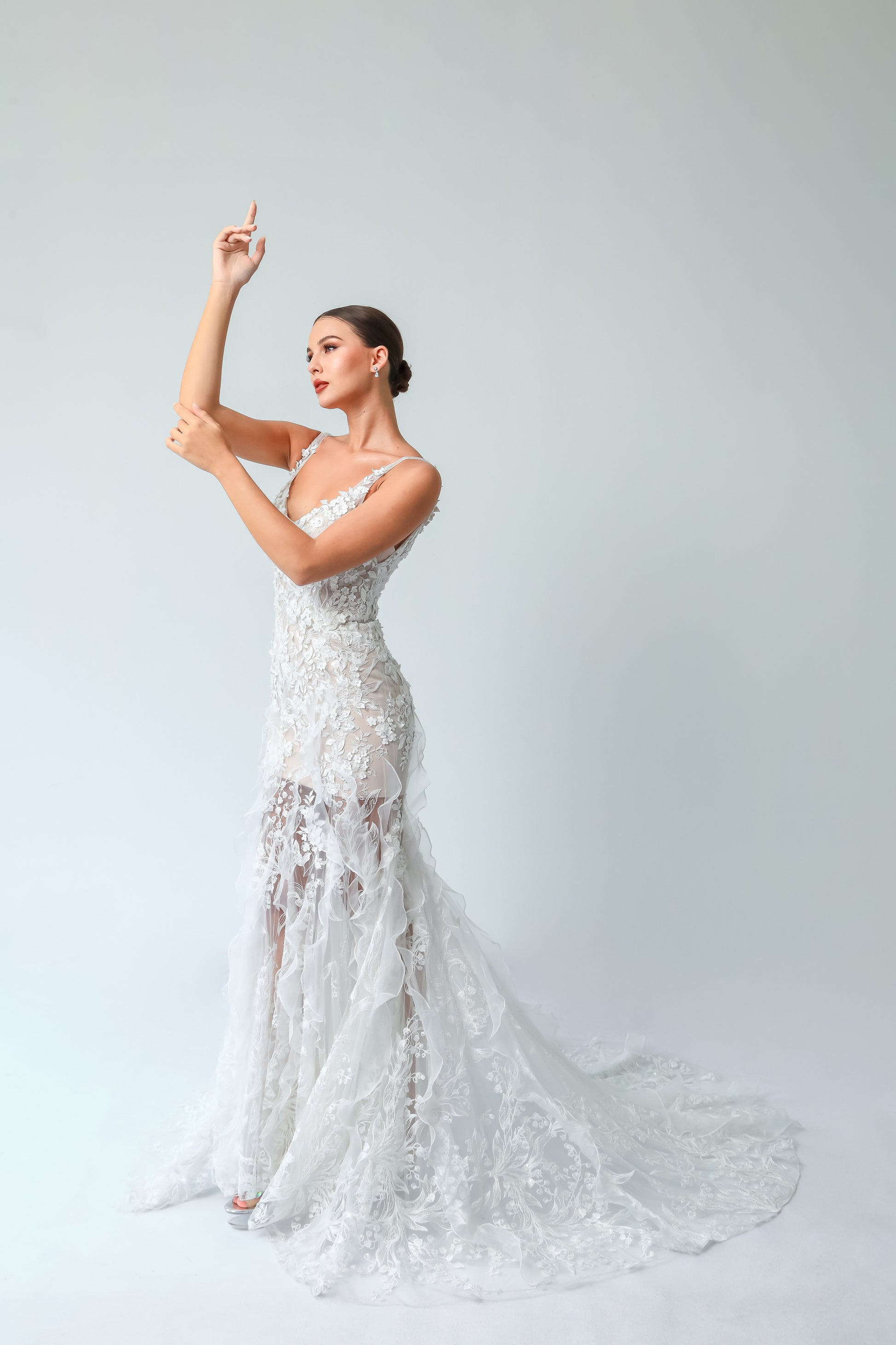 Ruffled Trumpet Wedding Gown with Sheer Tulle & Floral Lace | Briderful - side