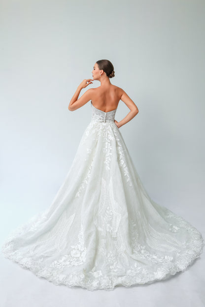 2-in-1 Trumpet Wedding Dress with Detachable Overskirt & Lace | Briderful - with cover up back