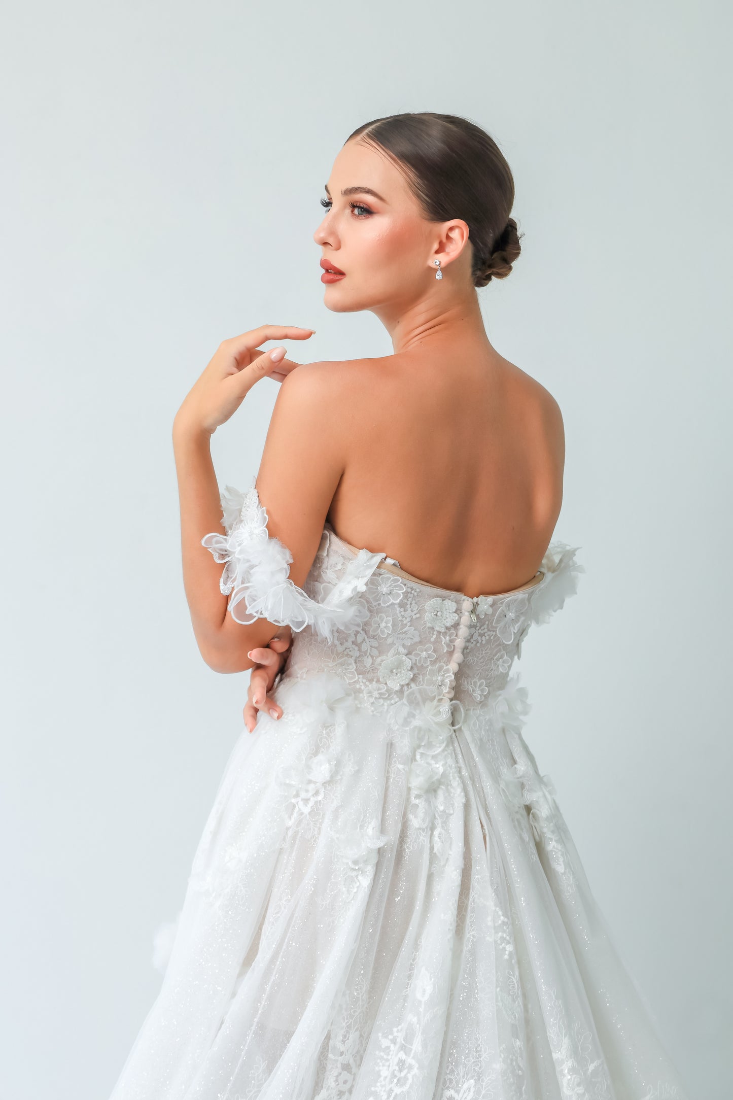 Hand-Made 3D Floral A-Line Wedding Gown with Off-the-Shoulder Sleeves | Briderful - back detail