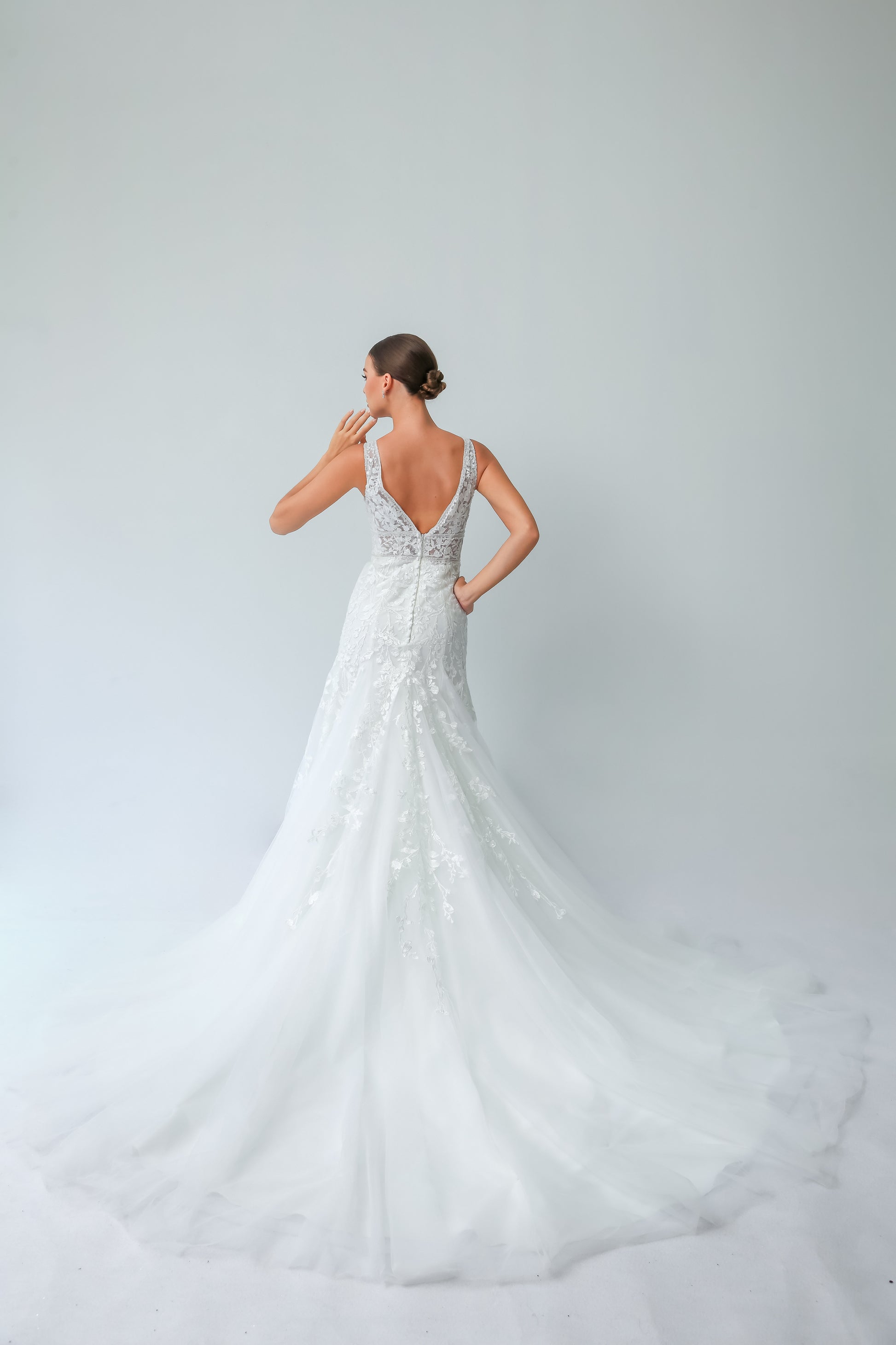 Illusion V-Neck A-Line Wedding Gown with Waist Cutouts & Deep V-Back | Briderful - back