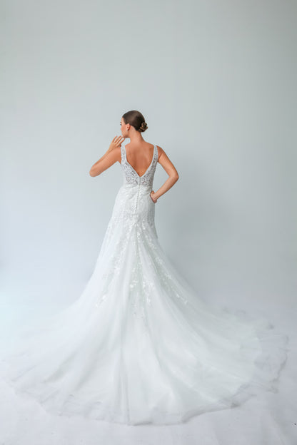 Illusion V-Neck A-Line Wedding Gown with Waist Cutouts & Deep V-Back | Briderful - back