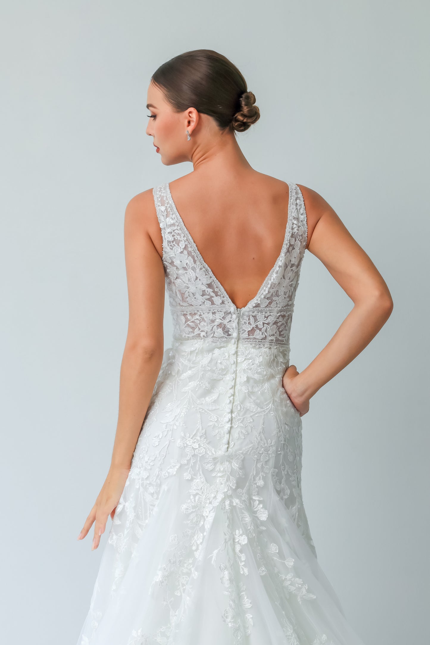 Illusion V-Neck A-Line Wedding Gown with Waist Cutouts & Deep V-Back | Briderful - back detail