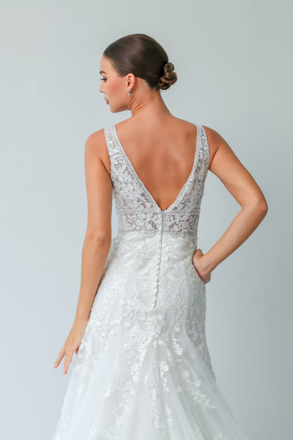 Illusion V-Neck A-Line Wedding Gown with Waist Cutouts & Deep V-Back | Briderful - back detail