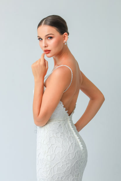French Lace Fit-and-Flare Wedding Gown with Open Back | Briderful - side