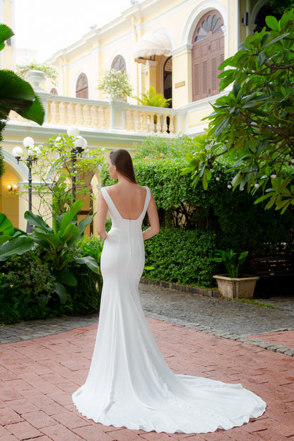 Minimalist Chiffon Backless Fit-and-Flare Gown with Cathedral Train | Briderful - back detail