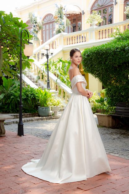 Structured Off-the-Shoulder Satin A-Line Gown with Pleated Skirt | Briderful - side
