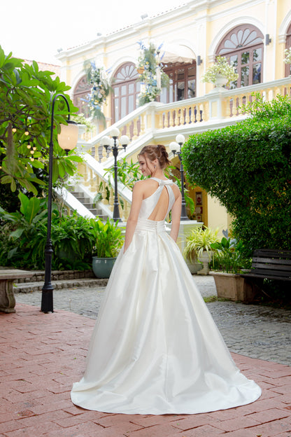 Minimalist Mikado A-Line Wedding Gown with Sculpted Bow | Briderful - back