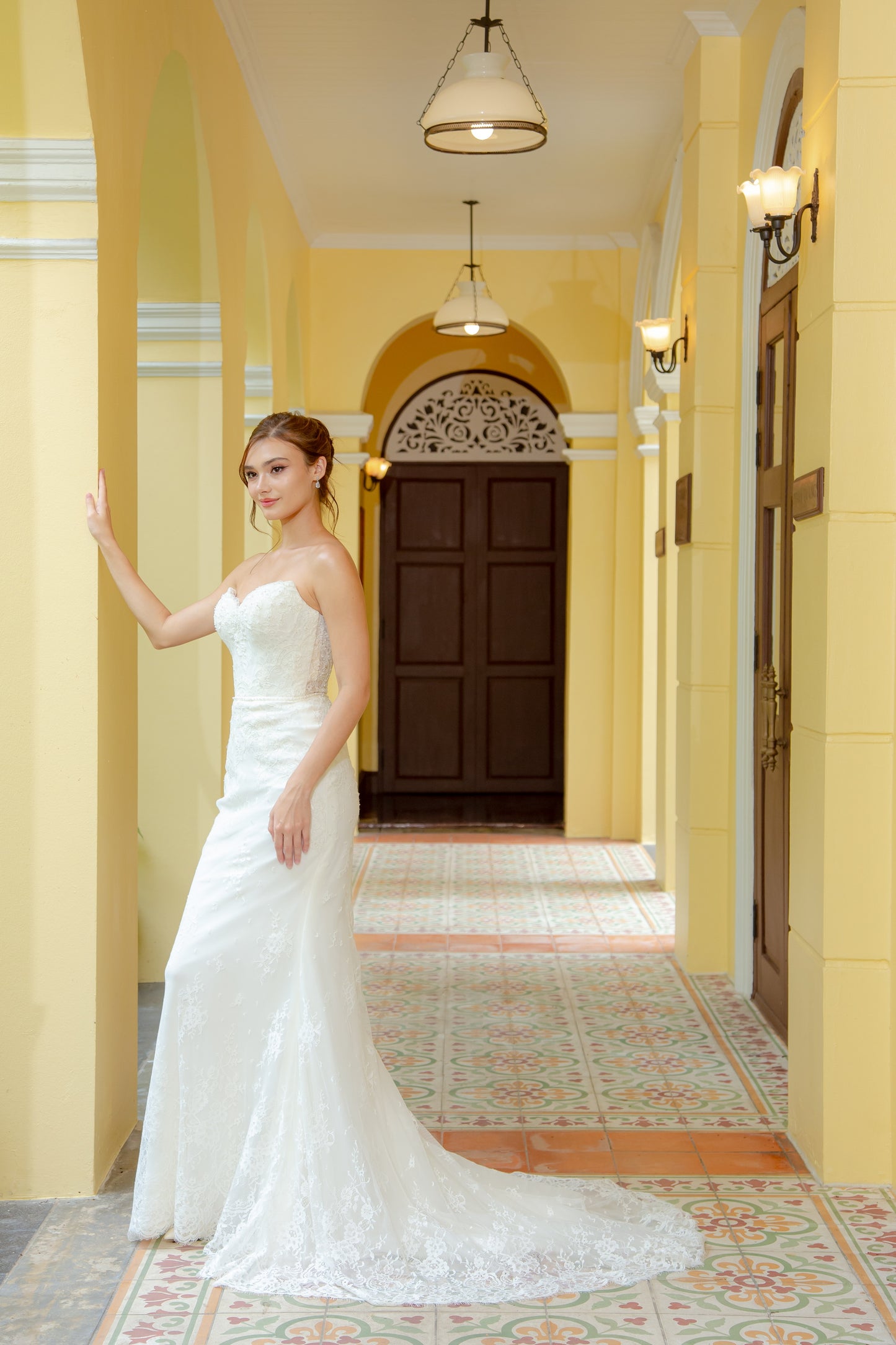 Beaded Lace & Satin Fit-and-Flare Gown with Spaghetti Straps | Briderful - side