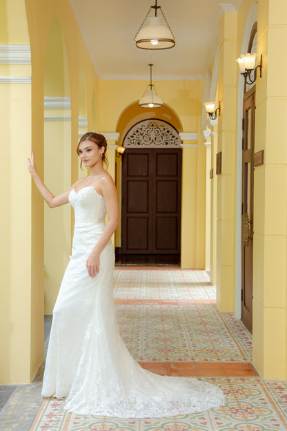 Beaded Lace & Satin Fit-and-Flare Gown with Spaghetti Straps | Briderful - side