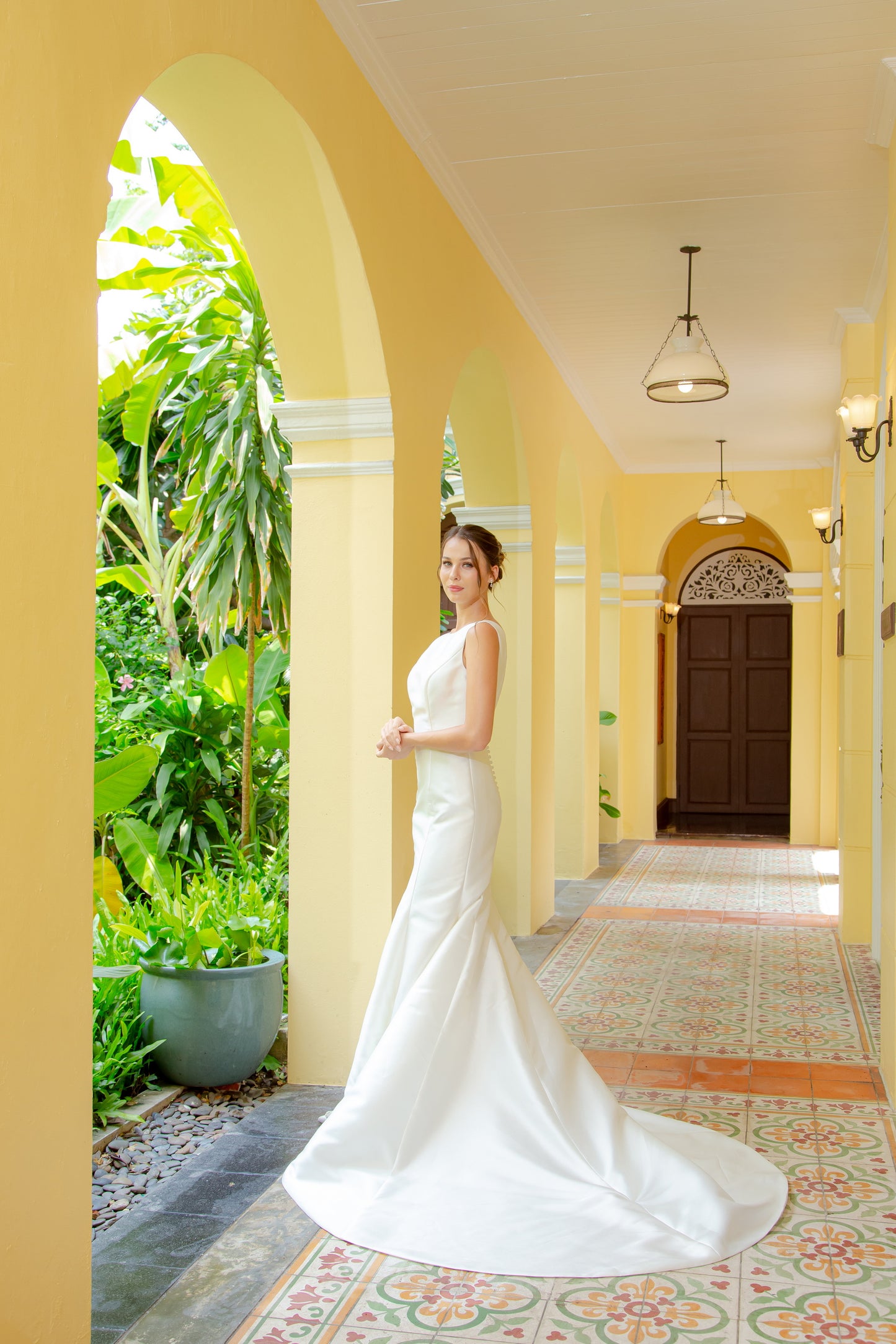 Bateau Neckline Satin Fit-and-Flare Wedding Gown | Briderful - side