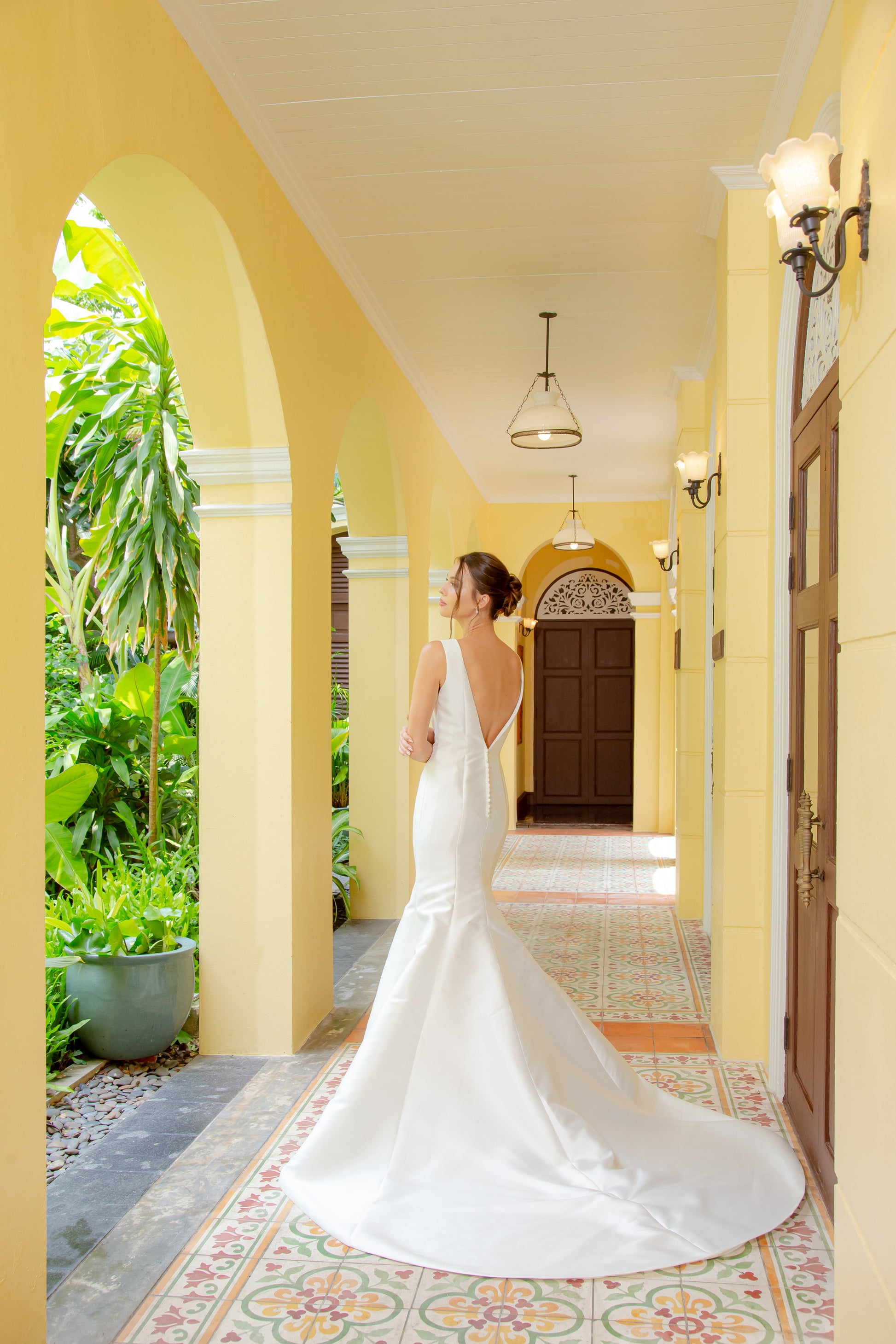 Bateau Neckline Satin Fit-and-Flare Wedding Gown | Briderful - back detail