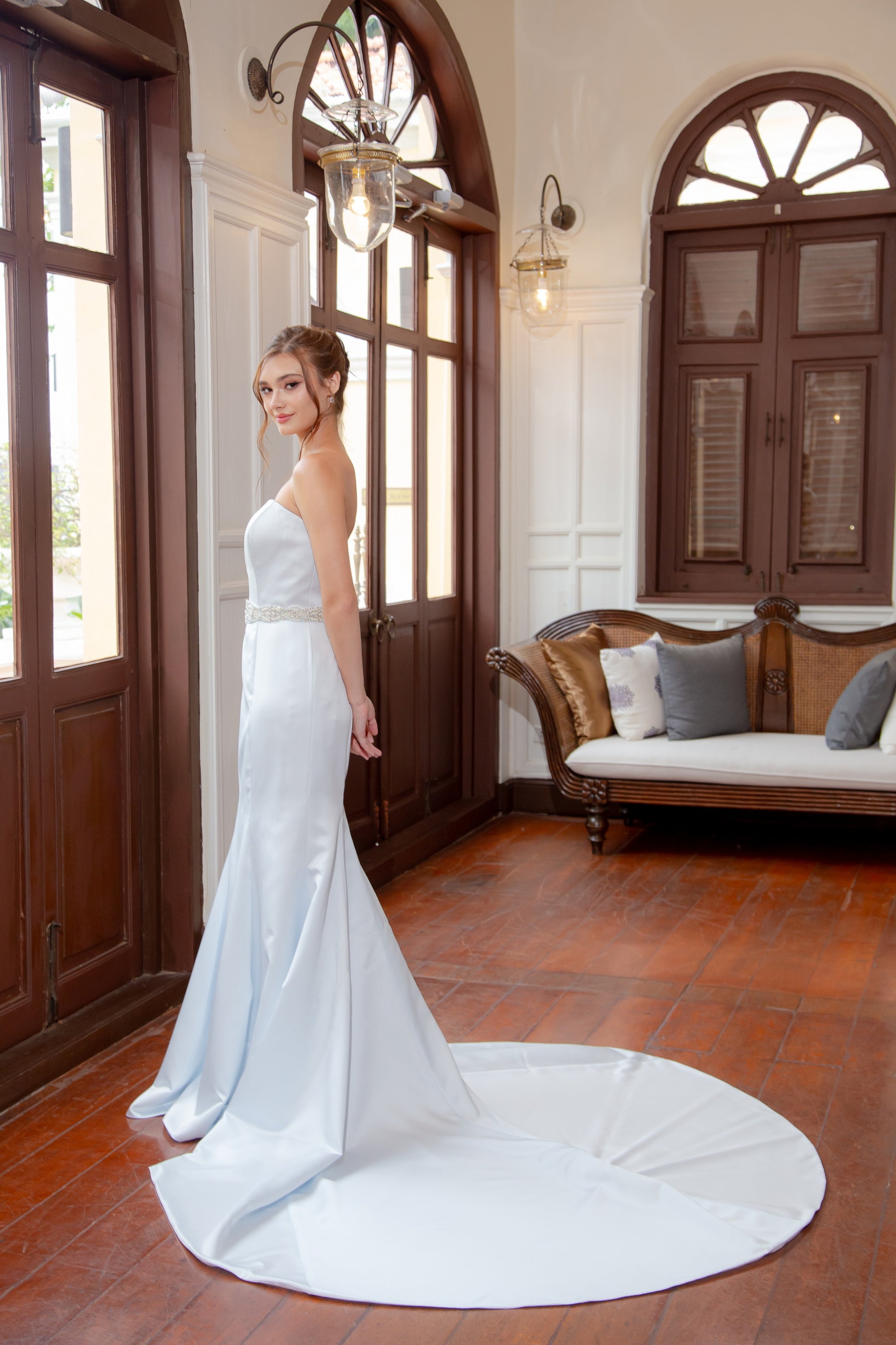 Light Blue Off-the-Shoulder Satin Trumpet Wedding Gown | Briderful - side