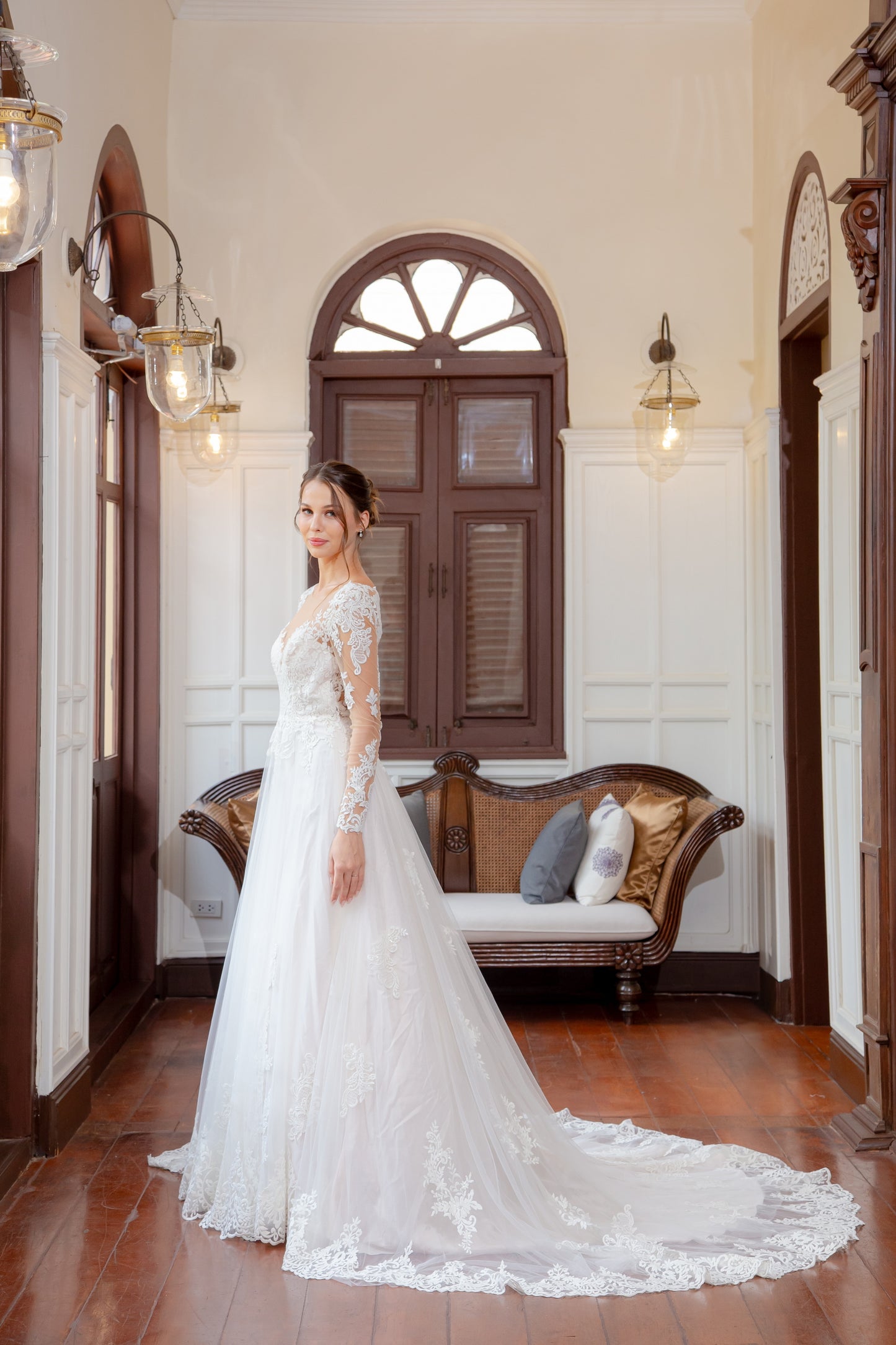 Illusion Long Sleeve Lace Ball Gown with Open Back | Briderful - side