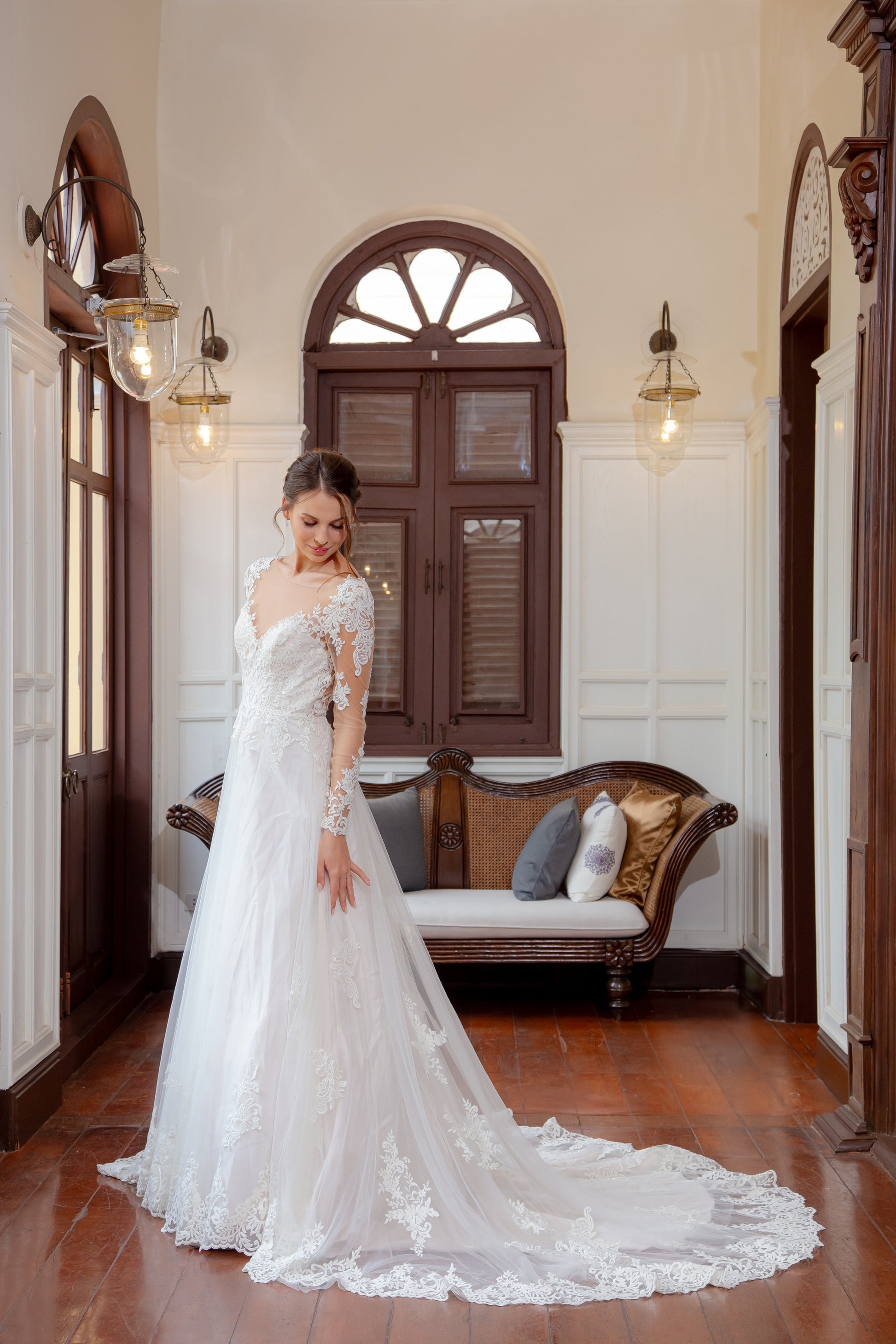 Illusion Long Sleeve Lace Ball Gown with Open Back | Briderful - side detail