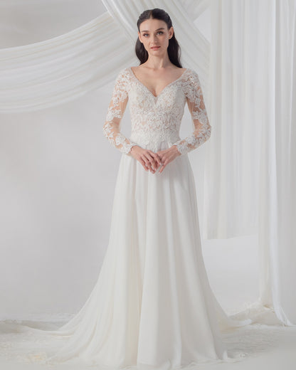 Long Sleeve Lace A-Line Wedding Gown with Sweetheart Neckline | Briderful
