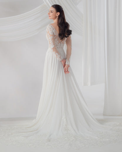 Long Sleeve Lace A-Line Wedding Gown with Sweetheart Neckline | Briderful - back