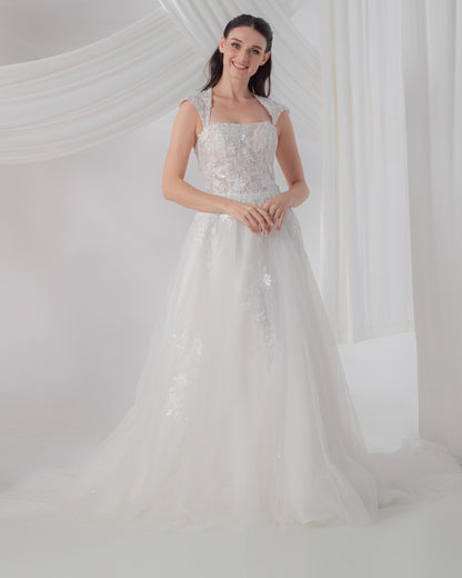 Trapezoid Neckline A-Line Gown with Cap Sleeves & Cathedral Train | Briderful