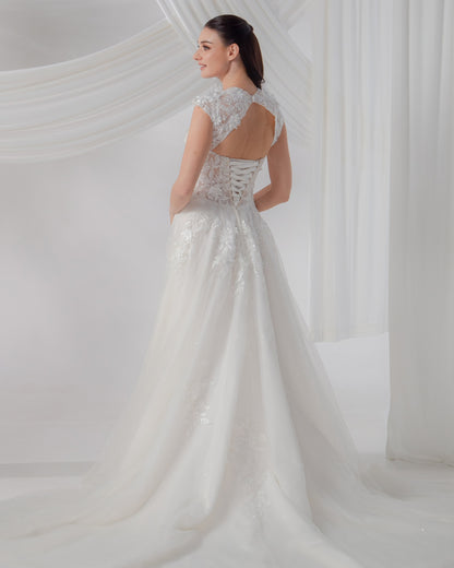Trapezoid Neckline A-Line Gown with Cap Sleeves & Cathedral Train | Briderful - back