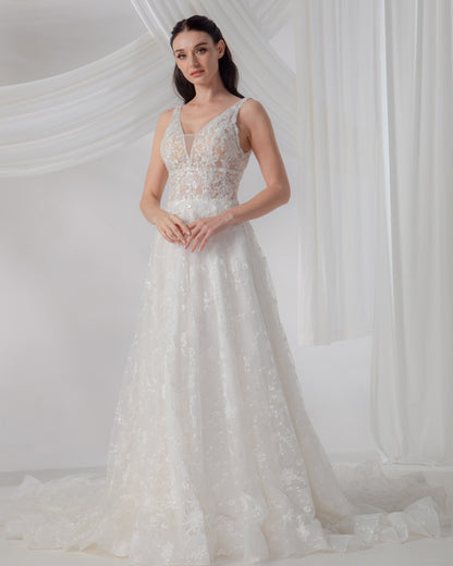 Illusion V-Neck A-Line Gown with Intricate Lace & Waist Cutouts | Briderful