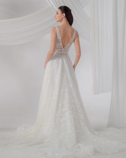 Illusion V-Neck A-Line Gown with Intricate Lace & Waist Cutouts | Briderful - back