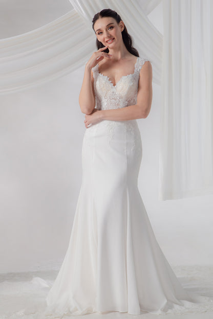 Pentagon Neckline Trumpet Gown with Regal Cape Sleeves | Briderful