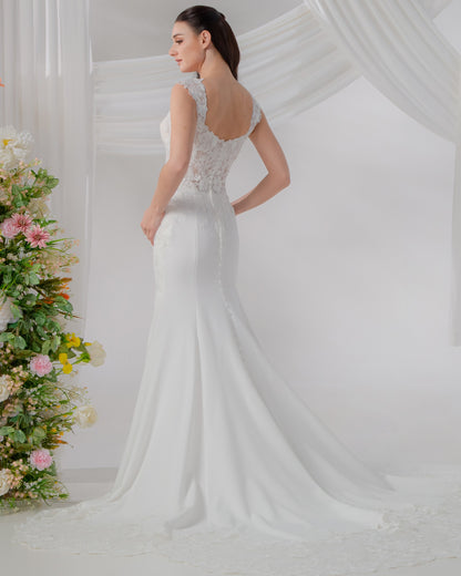 Pentagon Neckline Trumpet Gown with Regal Cape Sleeves | Briderful - back