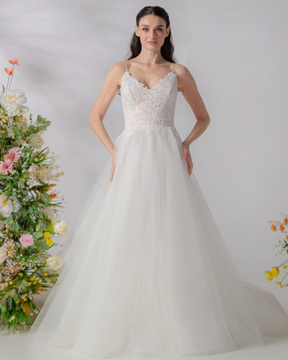 Lace Bodice & Satin A-Line Gown with Cathedral Train | Briderful