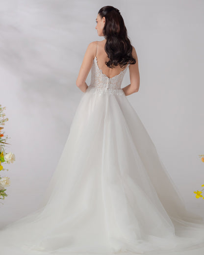 Lace Bodice & Satin A-Line Gown with Cathedral Train | Briderful - back
