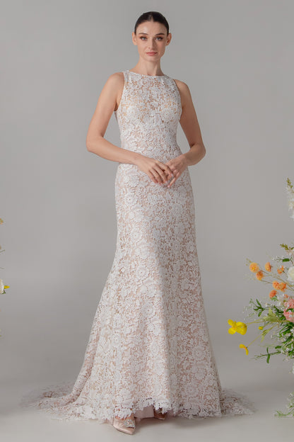 Bateau Neck Lace Fit-and-Flare Gown with Modern Back Cut-Out | Briderful