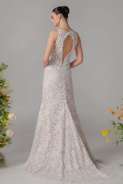 Bateau Neck Lace Fit-and-Flare Gown with Modern Back Cut-Out | Briderful - back
