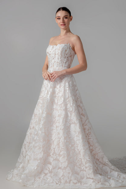 Champagne 3D Hibiscus Floral Ball Gown with Cathedral Train | Briderful