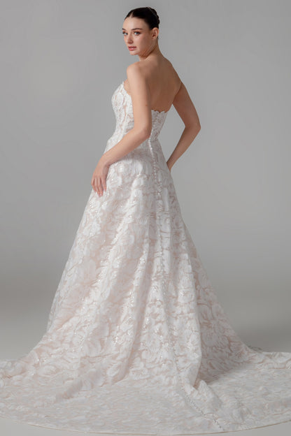 Champagne 3D Hibiscus Floral Ball Gown with Cathedral Train | Briderful - back