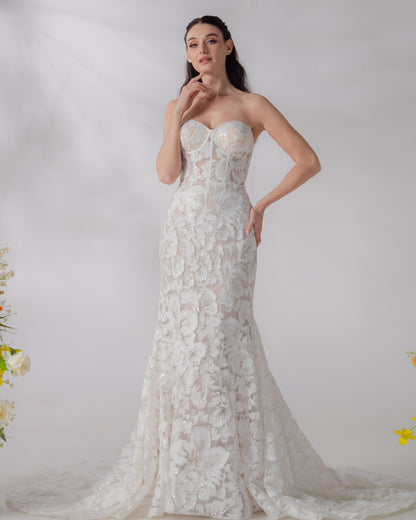 Champagne Trumpet Wedding Gown with 3D Hibiscus & Sparkling Sequins | Briderful