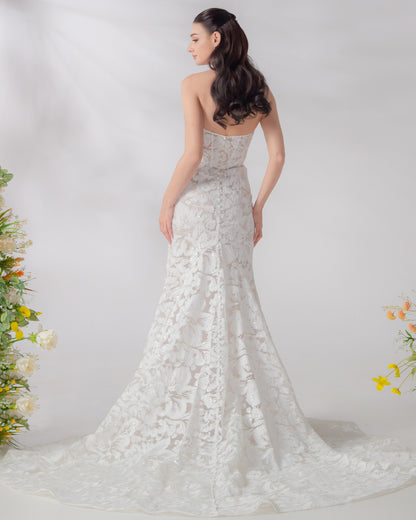 Champagne Trumpet Wedding Gown with 3D Hibiscus & Sparkling Sequins | Briderful - back