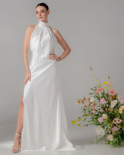 High Neck Open-Back Satin Fit-and-Flare Gown with Ruched Detail | Briderful