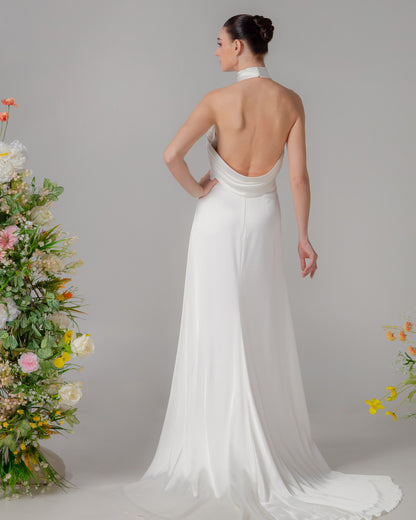 High Neck Open-Back Satin Fit-and-Flare Gown with Ruched Detail | Briderful - back
