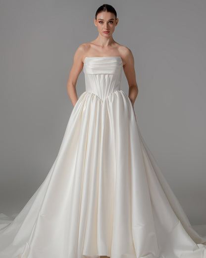 Classic Mikado Ball Gown with Cinched Waist & Cathedral Train | Briderful