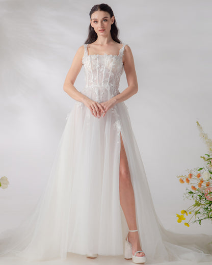 Square Neck Corset A-Line Wedding Gown with High Slit & Chantilly Lace | Briderful