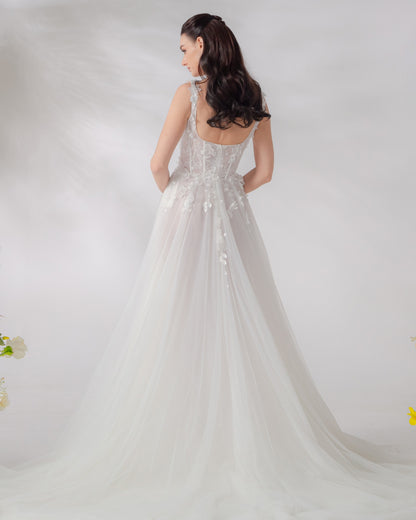 Square Neck Corset A-Line Wedding Gown with High Slit & Chantilly Lace | Briderful - back