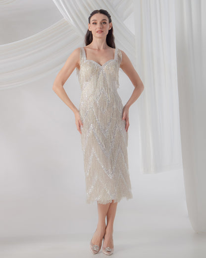 Champagne Gold Beaded Midi Wedding Dress with Side Slit | Briderful