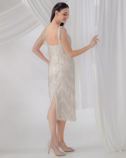 Champagne Gold Beaded Midi Wedding Dress with Side Slit | Briderful - back