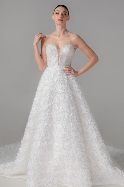 Handcrafted Floral Ball Gown with Cathedral Train & Pockets | Briderful