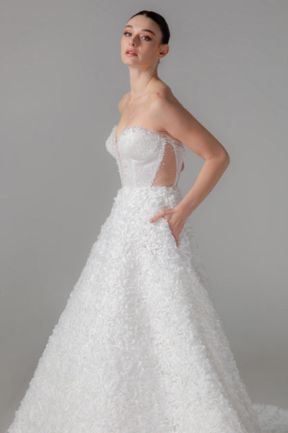 Handcrafted Floral Ball Gown with Cathedral Train & Pockets | Briderful - side