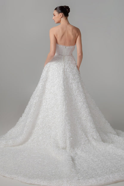 Handcrafted Floral Ball Gown with Cathedral Train & Pockets | Briderful - back