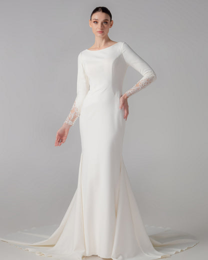 Long Sleeve Satin Trumpet Wedding Gown with Bateau Neckline | Briderful