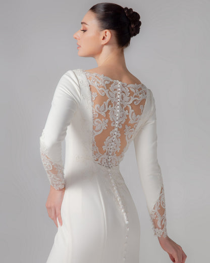 Long Sleeve Satin Trumpet Wedding Gown with Bateau Neckline | Briderful - back