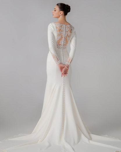 Long Sleeve Satin Trumpet Wedding Gown with Bateau Neckline | Briderful - back detail